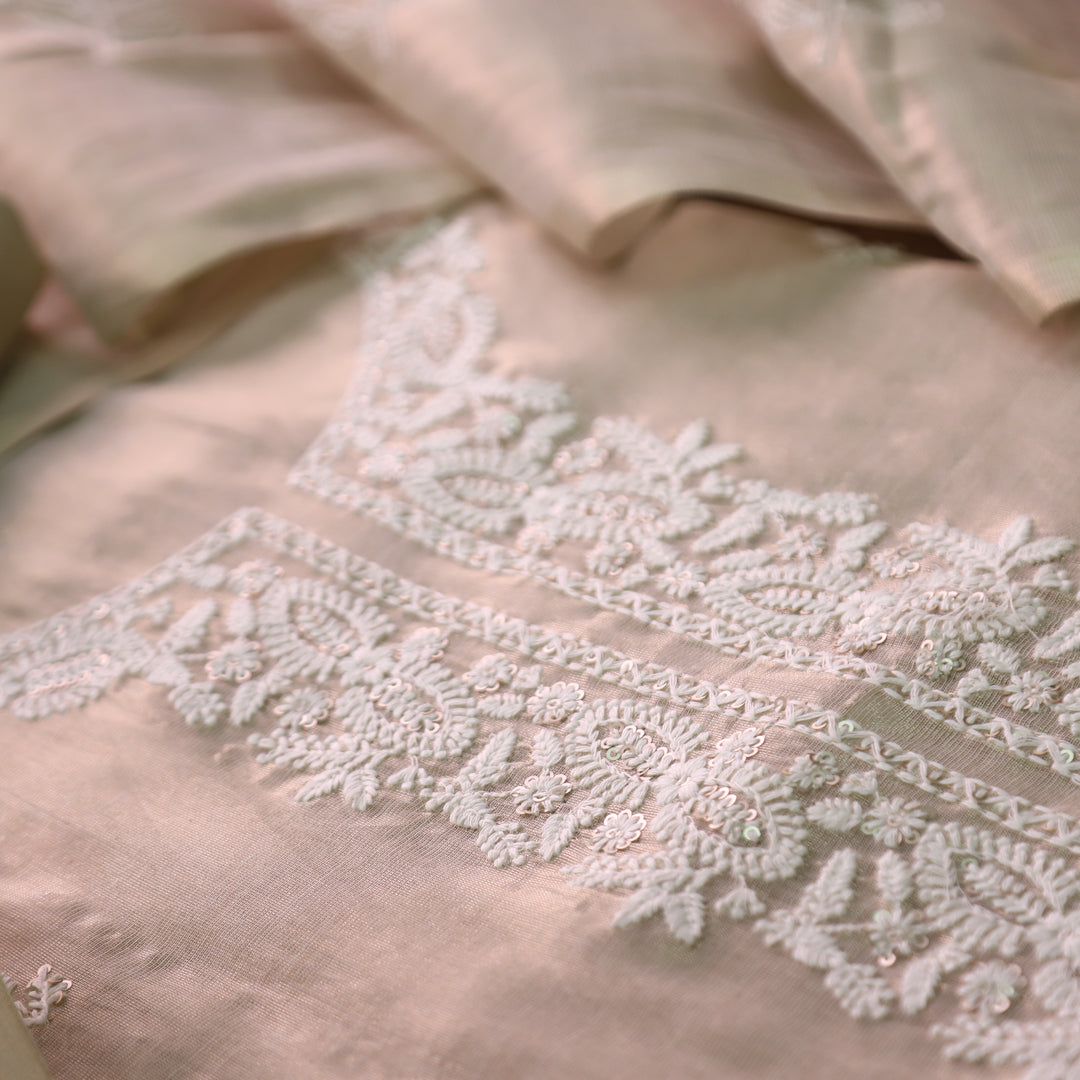 Bareli Beige with Thread Embroidered Neck Work Shimmer Tissue Linen Set