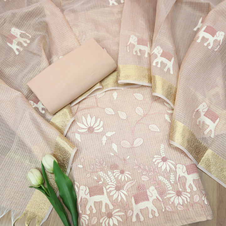 Kudiye Pumpkin Peach Gajj Embroidered Shimmer Tissue Kota Doriya Set