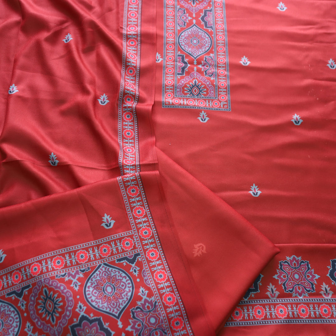 करिश्मा Coral Rust wth Elegant Ajrak Ada Printed Semi Pashmina Winter Set