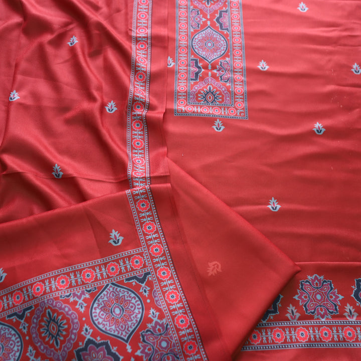 करिश्मा Coral Rust wth Elegant Ajrak Ada Printed Semi Pashmina Winter Set