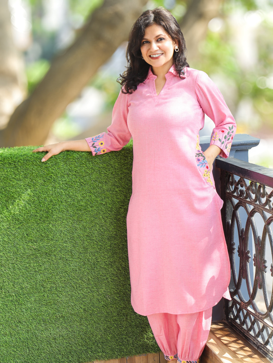 Kaashu Candy Pink Collar Neck Linen 2 Piece Set