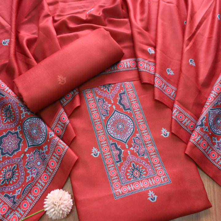 करिश्मा Coral Rust wth Elegant Ajrak Ada Printed Semi Pashmina Winter Set