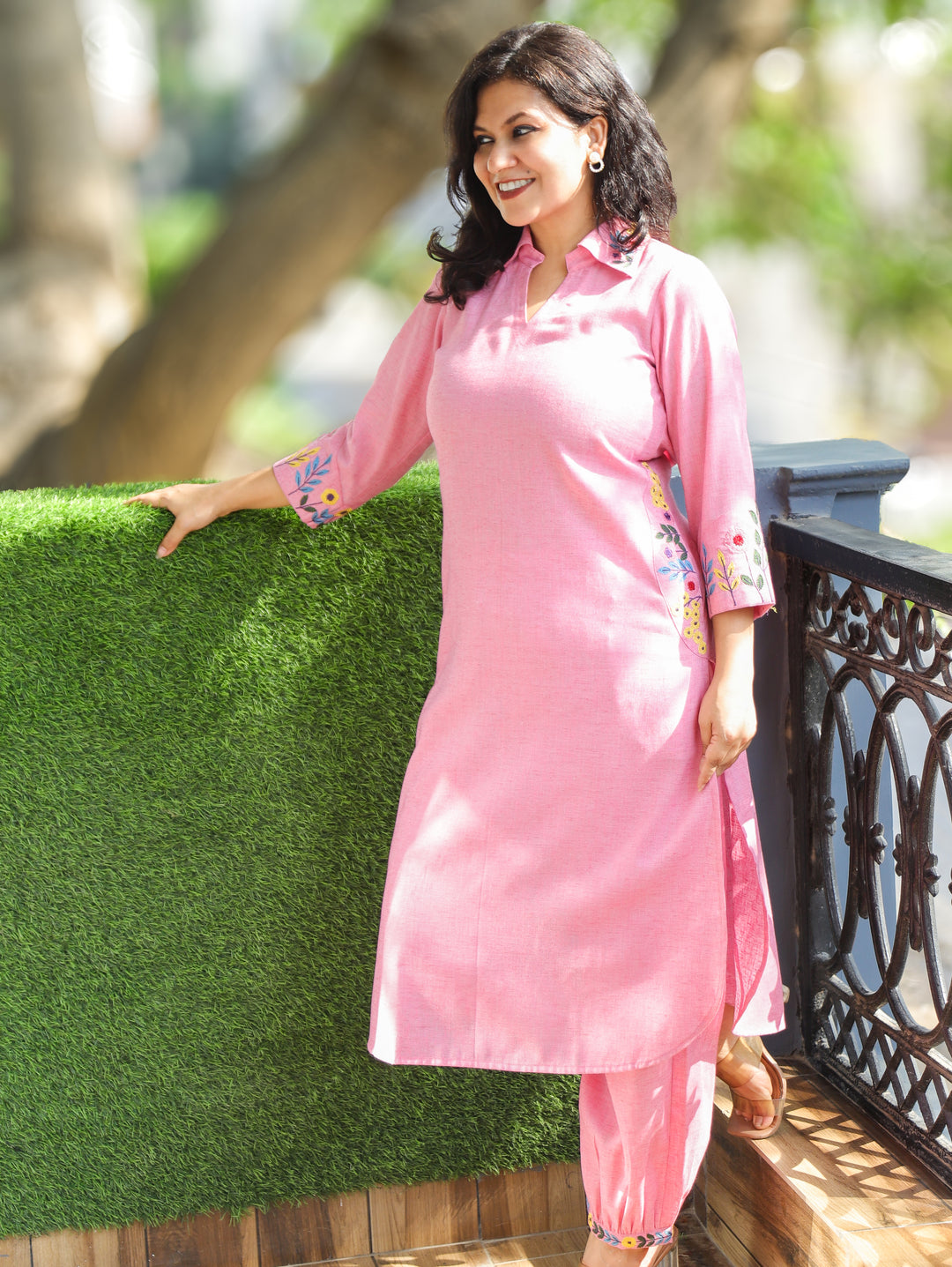 Kaashu Candy Pink Collar Neck Linen 2 Piece Set