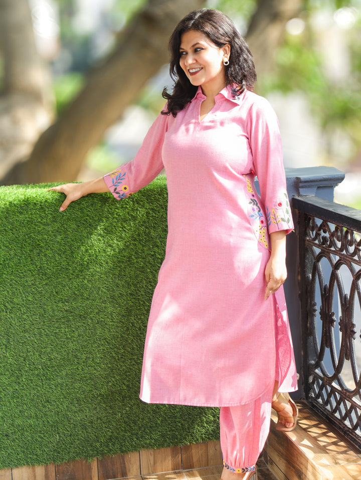 Kaashu Candy Pink Collar Neck Linen 2 Piece Set