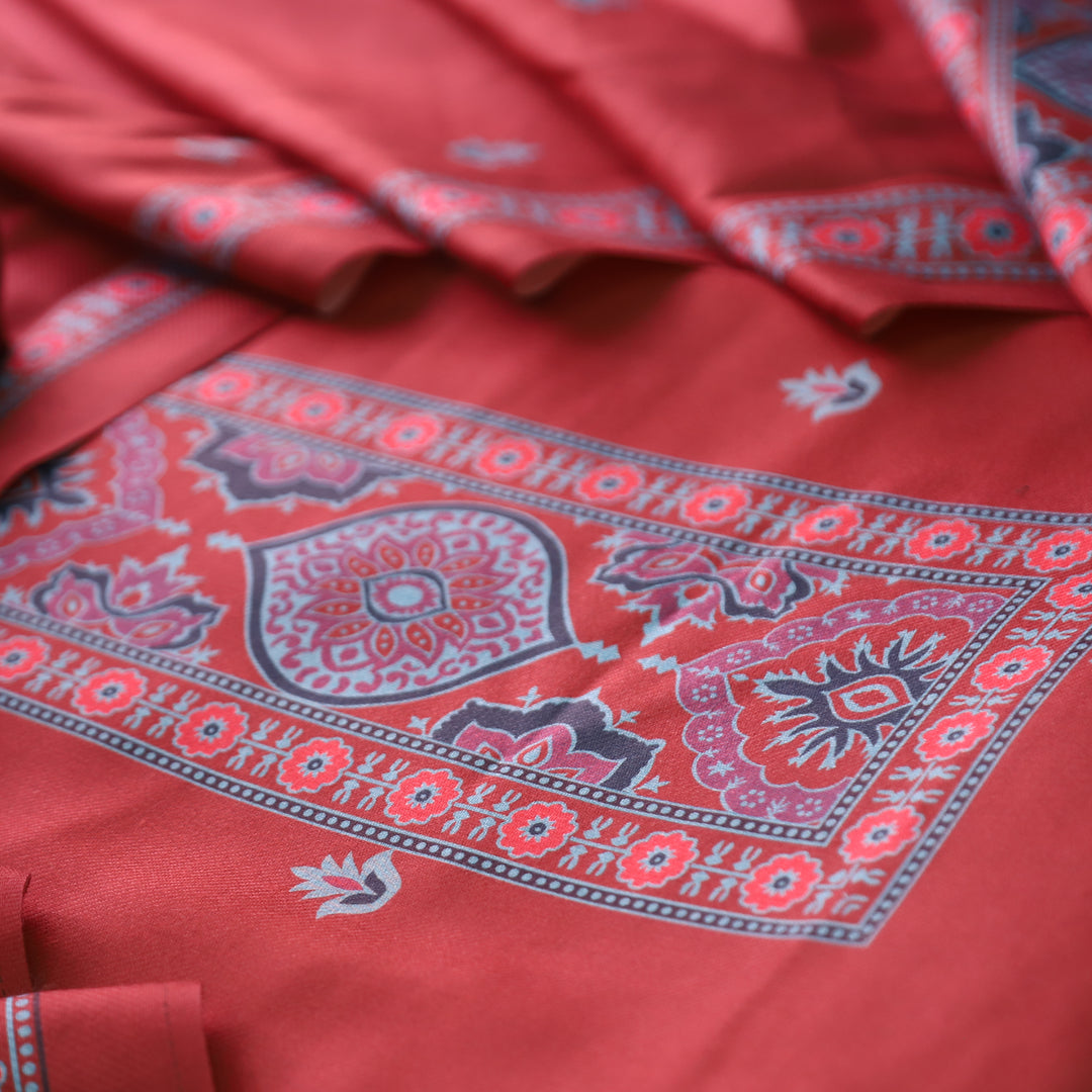 करिश्मा Coral Rust wth Elegant Ajrak Ada Printed Semi Pashmina Winter Set