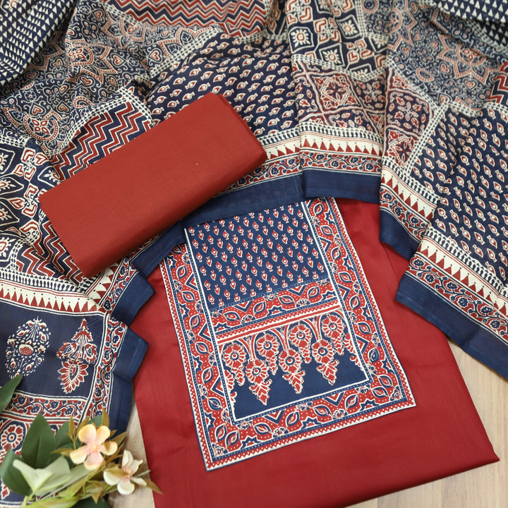 Nigahein Berry Red Chain Style Zari Ajrak Yoke Glazed Cotton Set D1