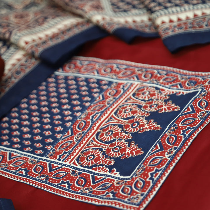 Nigahein Berry Red Chain Style Zari Ajrak Yoke Glazed Cotton Set D1