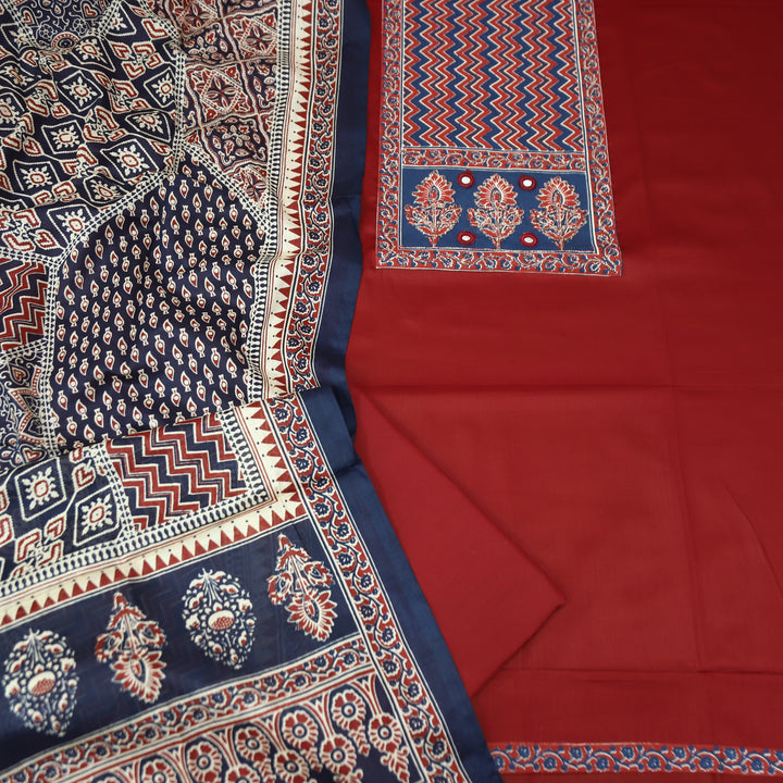 Nigahein Berry Red Chain Style Zari Ajrak Yoke Glazed Cotton Set D2