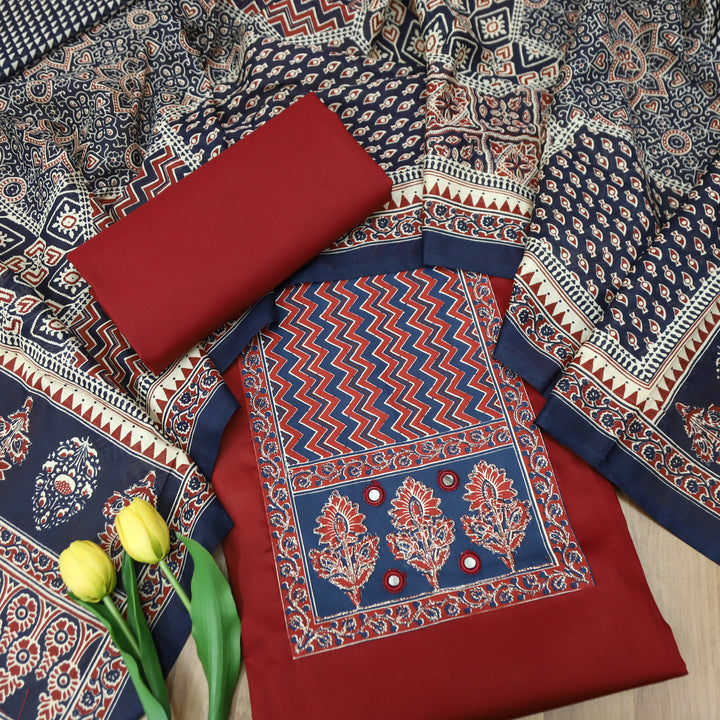 Nigahein Berry Red Chain Style Zari Ajrak Yoke Glazed Cotton Set D2