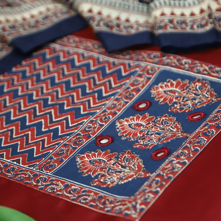 Nigahein Berry Red Chain Style Zari Ajrak Yoke Glazed Cotton Set D2