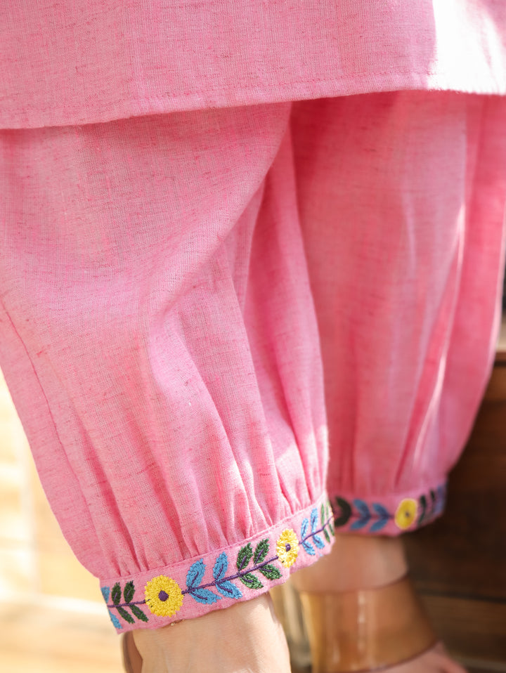Kaashu Candy Pink Collar Neck Linen 2 Piece Set