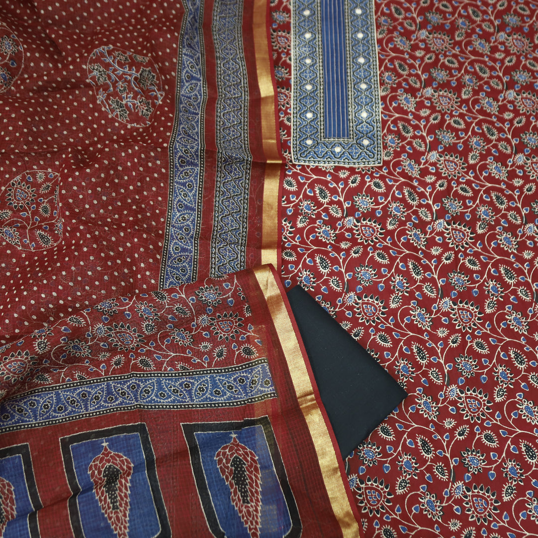 Alia Berry Red Patra Patch in Ajrakh Print Cotton Suit Set D1