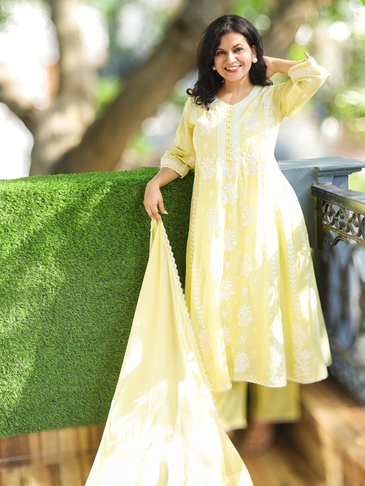 Shreevali Pastel Yellow Chikankari Mul Cotton Set