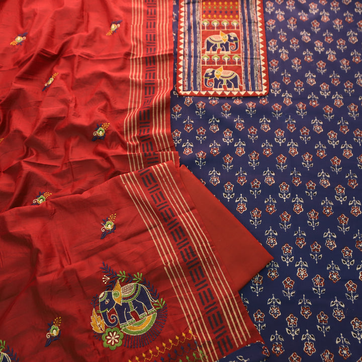 Rabba Neelamber Blue Gajj Embroidered Neck Yoke with Ajrak Printed Cotton Suit Set