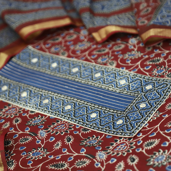 Alia Berry Red Patra Patch in Ajrakh Print Cotton Suit Set D1