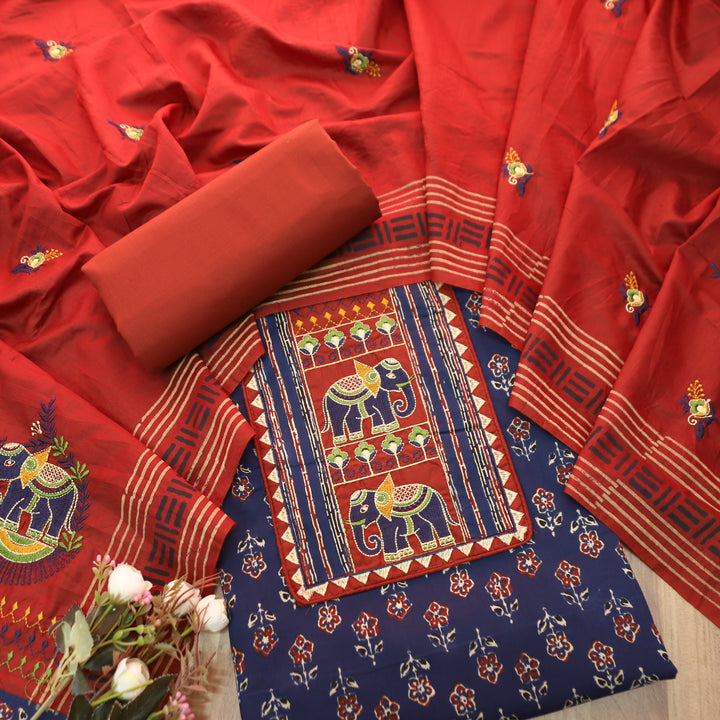 Rabba Neelamber Blue Gajj Embroidered Neck Yoke with Ajrak Printed Cotton Suit Set