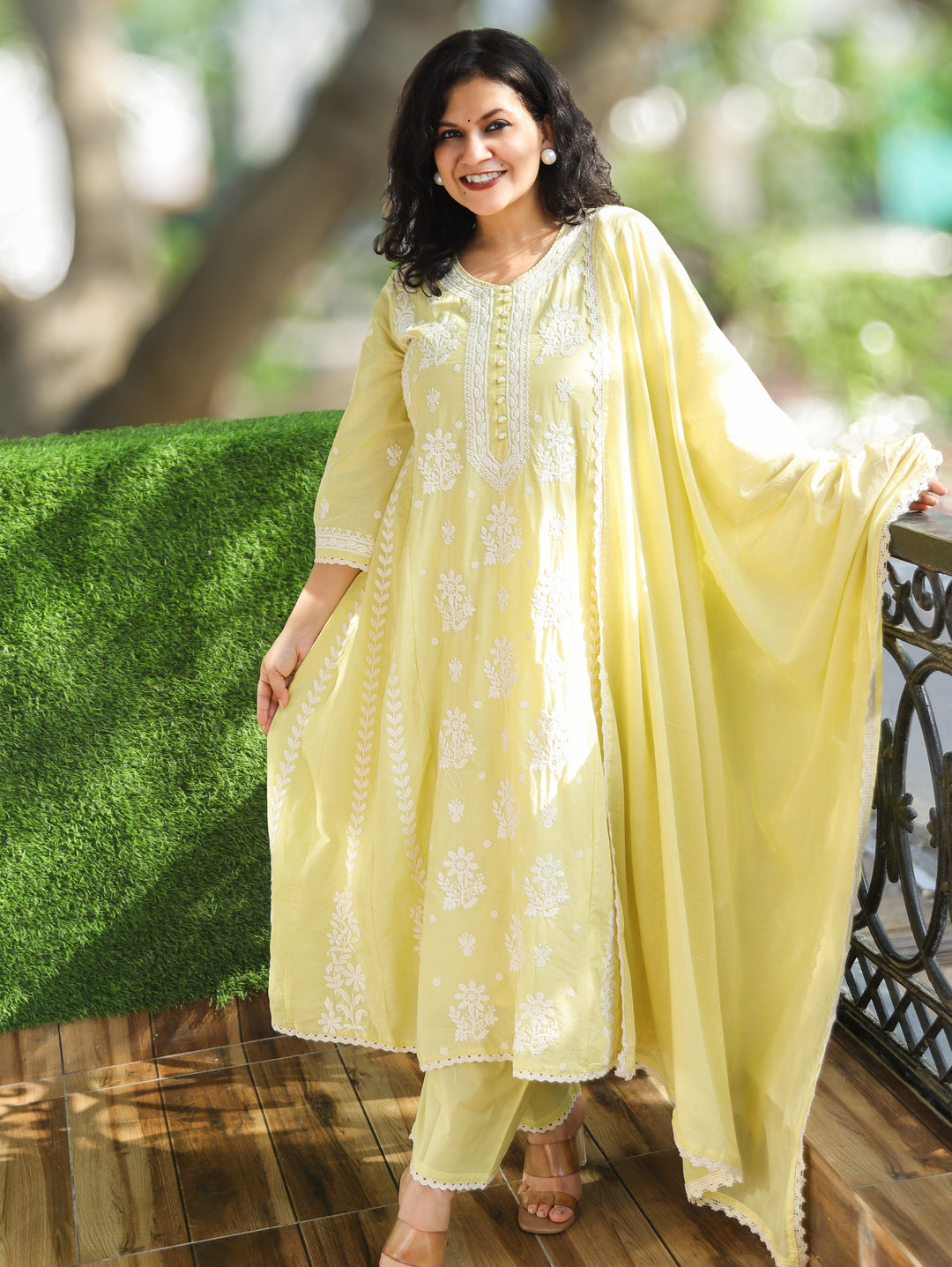 Shreevali Pastel Yellow Chikankari Mul Cotton Set