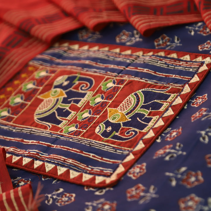 Rabba Neelamber Blue Gajj Embroidered Neck Yoke with Ajrak Printed Cotton Suit Set