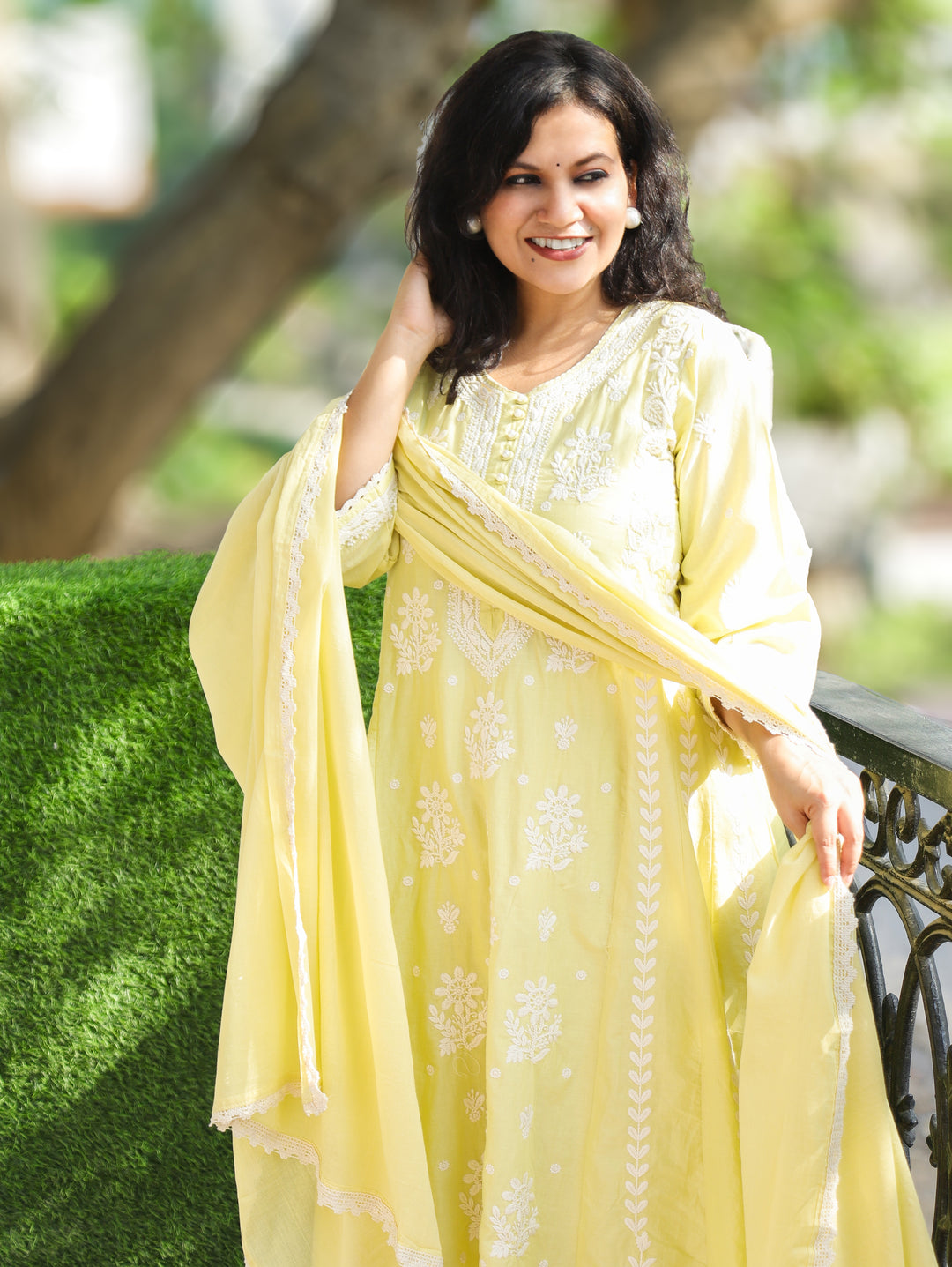 Shreevali Pastel Yellow Chikankari Mul Cotton Set