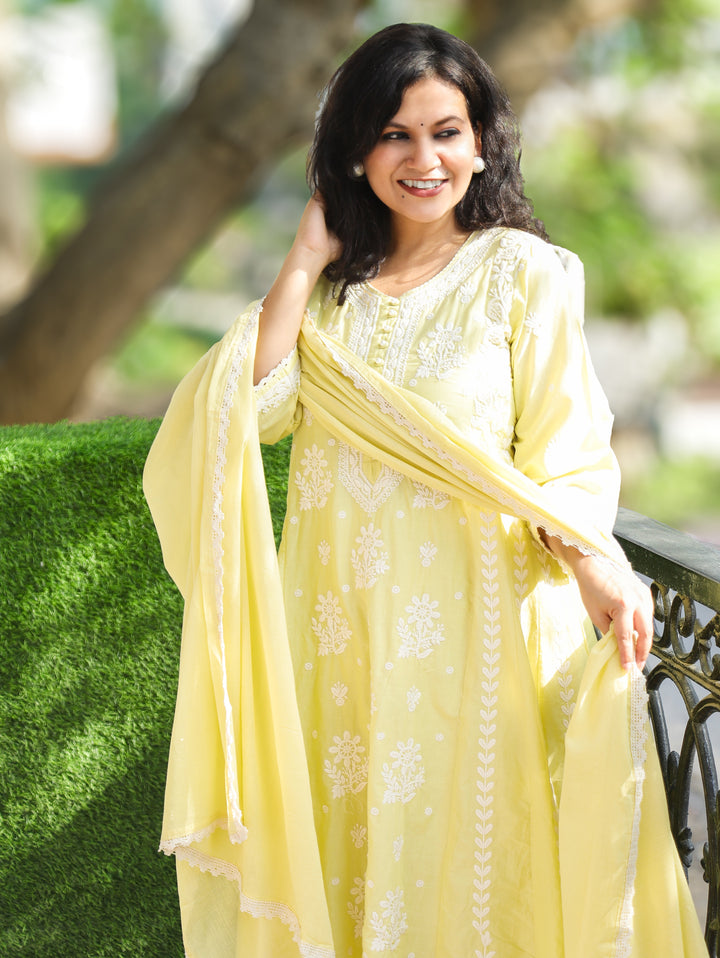 Shreevali Pastel Yellow Chikankari Mul Cotton Set