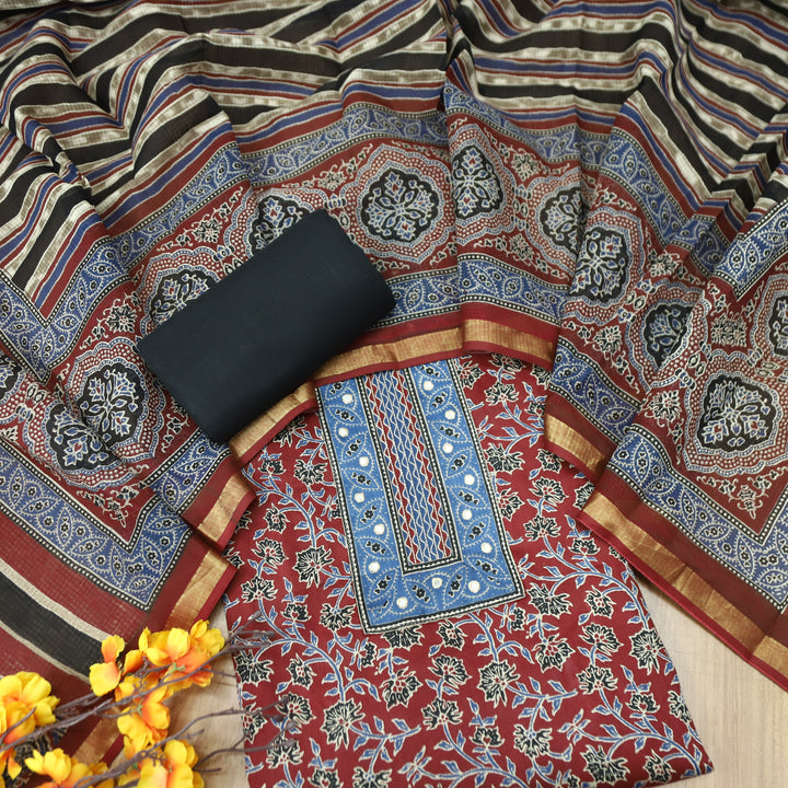 Alia Berry Red Patra Patch in Ajrakh Print Cotton Suit Set D2