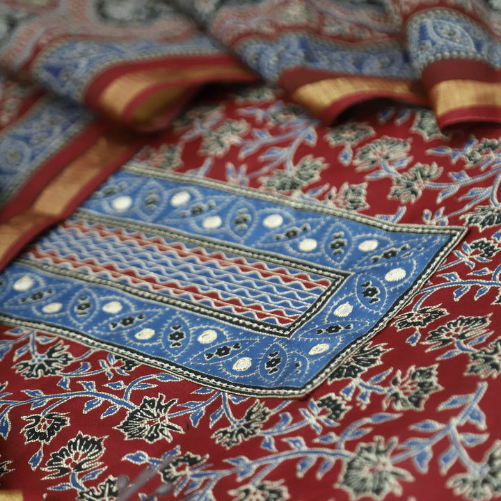 Alia Berry Red Patra Patch in Ajrakh Print Cotton Suit Set D2