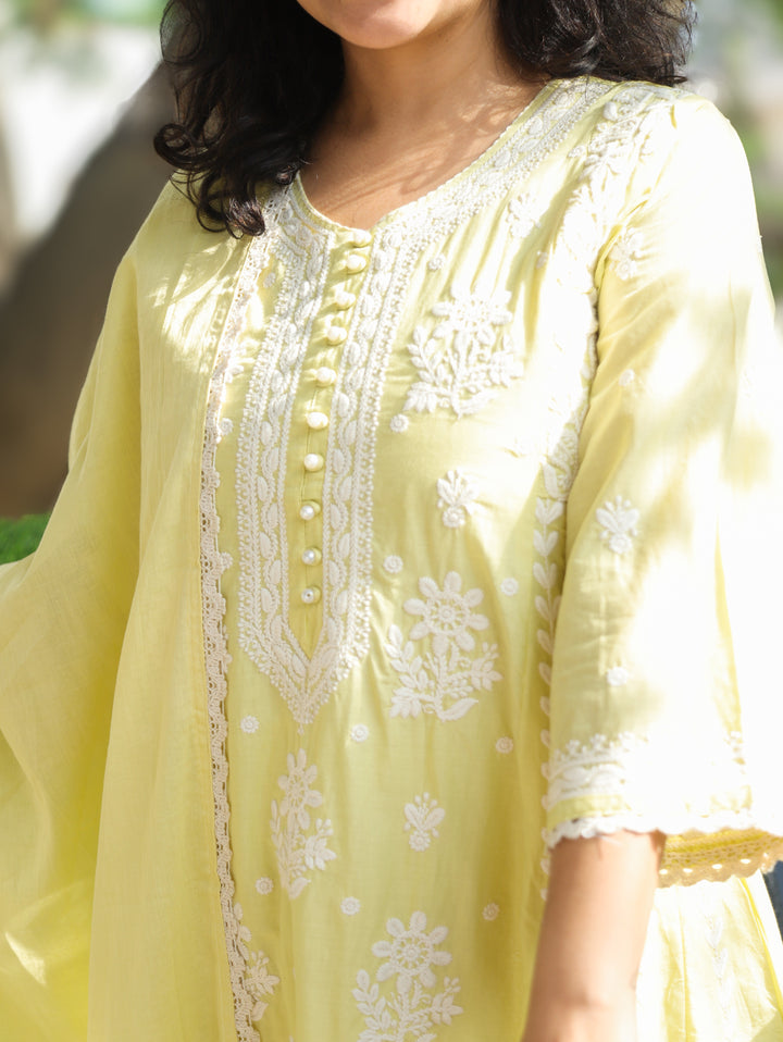 Shreevali Pastel Yellow Chikankari Mul Cotton Set
