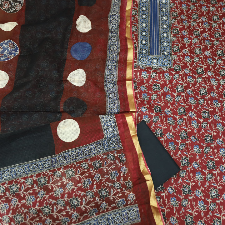 Alia Berry Red Patra Patch in Ajrakh Print Cotton Suit Set D3