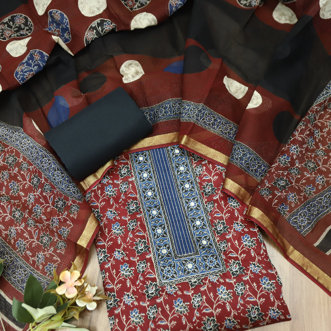 Alia Berry Red Patra Patch in Ajrakh Print Cotton Suit Set D3