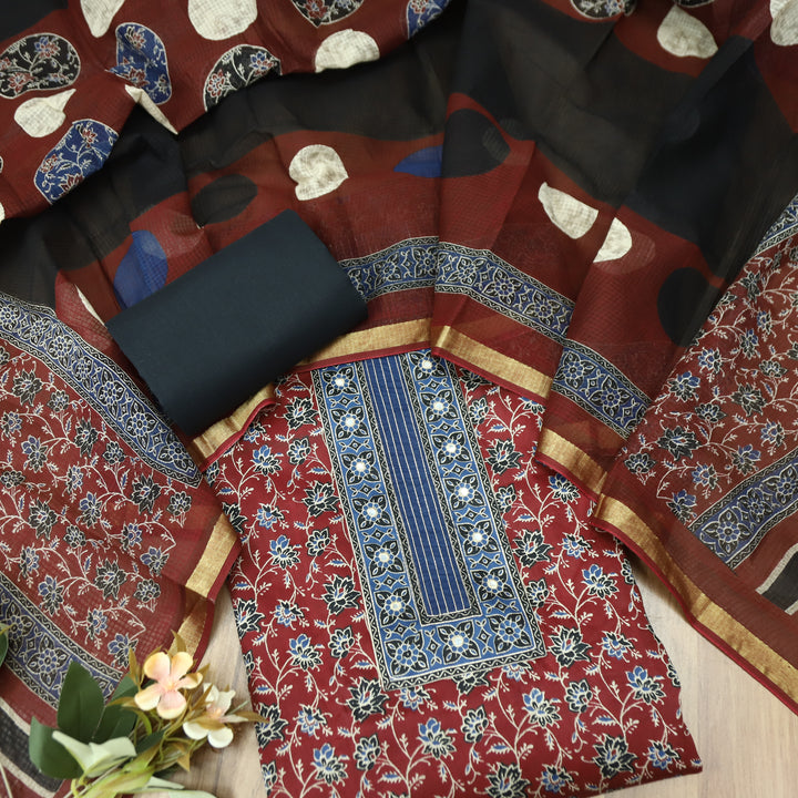 Alia Berry Red Patra Patch in Ajrakh Print Cotton Suit Set D3