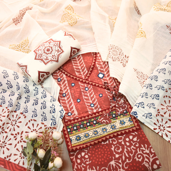 Galliyaan Coral Red Angrkha Neck with Mirror in Dabu Printed Cotton Suit Set