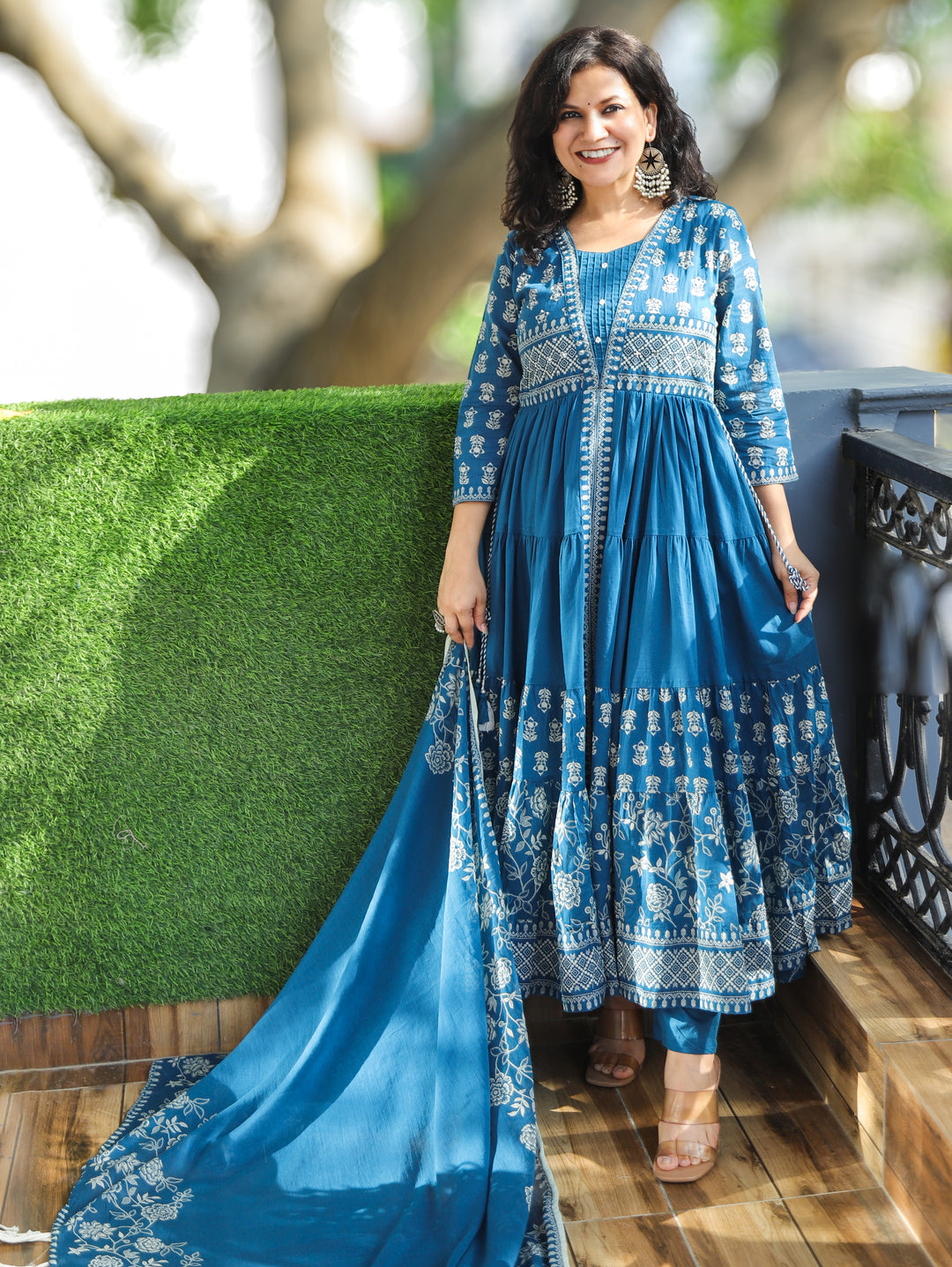 Trinidhi Cerulean Blue Flaired Cotton 3 Piece Set