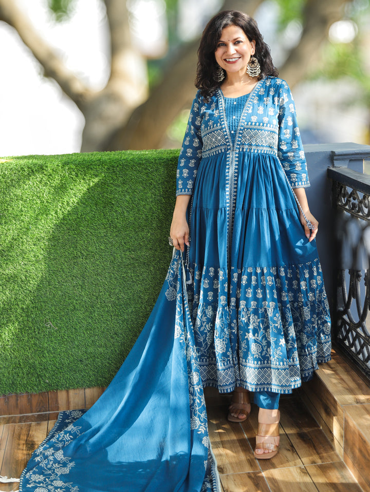 Trinidhi Cerulean Blue Flaired Cotton 3 Piece Set