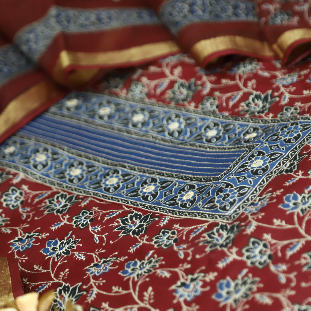Alia Berry Red Patra Patch in Ajrakh Print Cotton Suit Set D3
