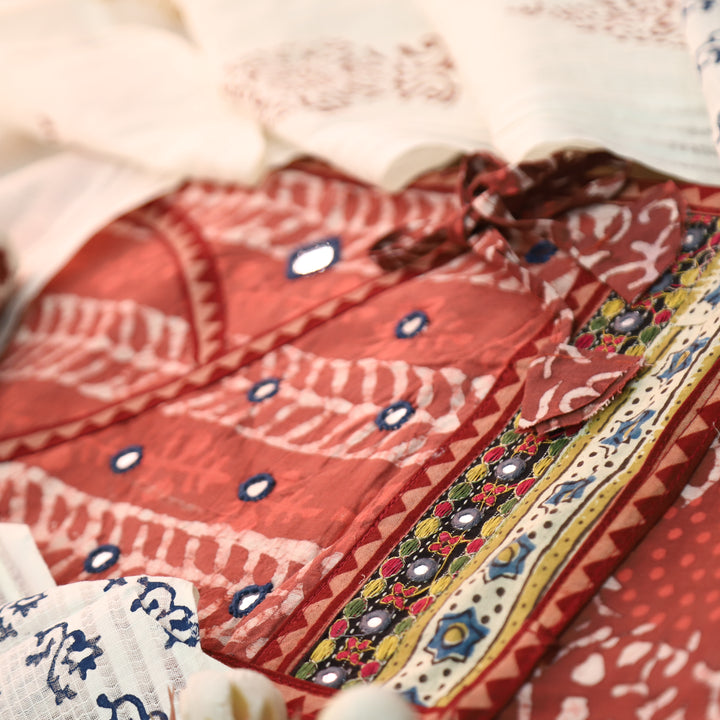 Galliyaan Coral Red Angrkha Neck with Mirror in Dabu Printed Cotton Suit Set