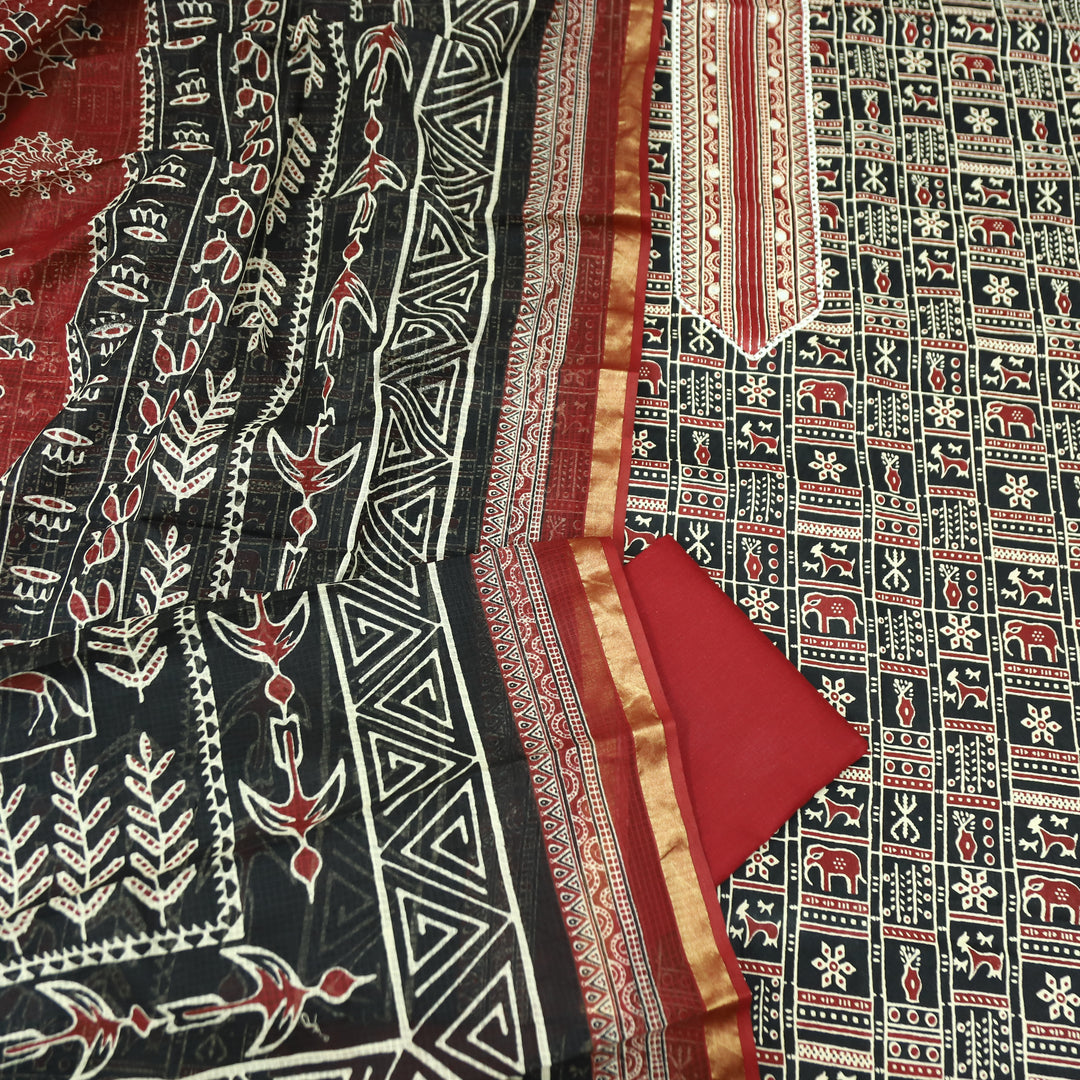 Khairiyat Black Patra Patch In Ajrakh Warli Print Cotton Suit Set D1