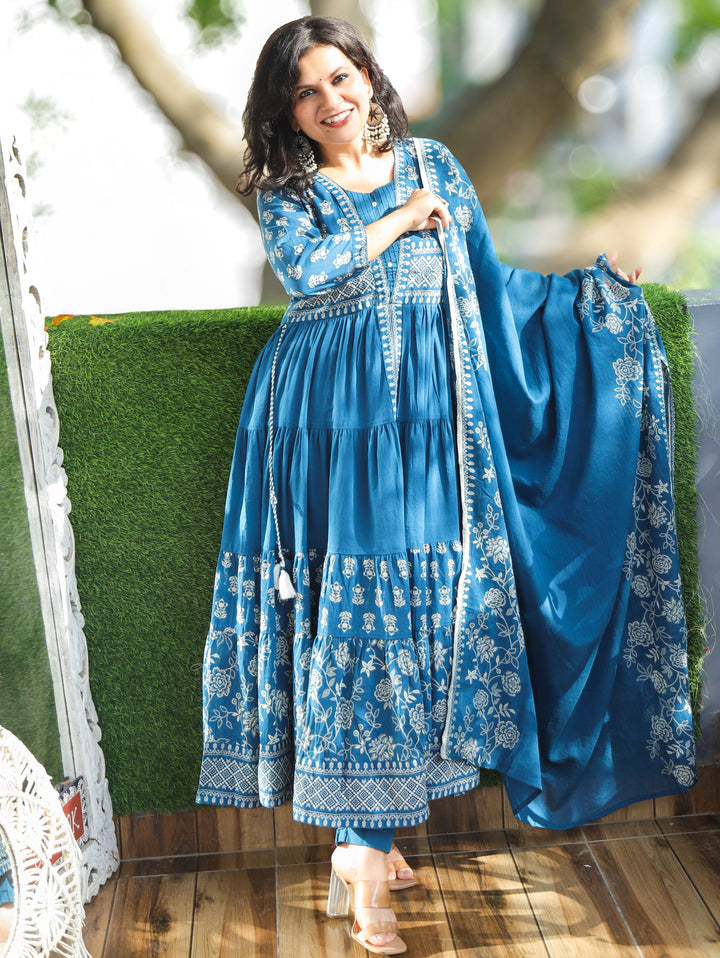 Trinidhi Cerulean Blue Flaired Cotton 3 Piece Set