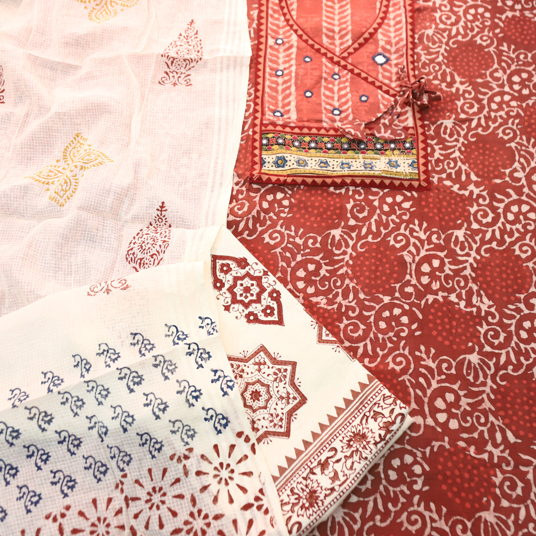 Galliyaan Coral Red Angrkha Neck with Mirror in Dabu Printed Cotton Suit Set