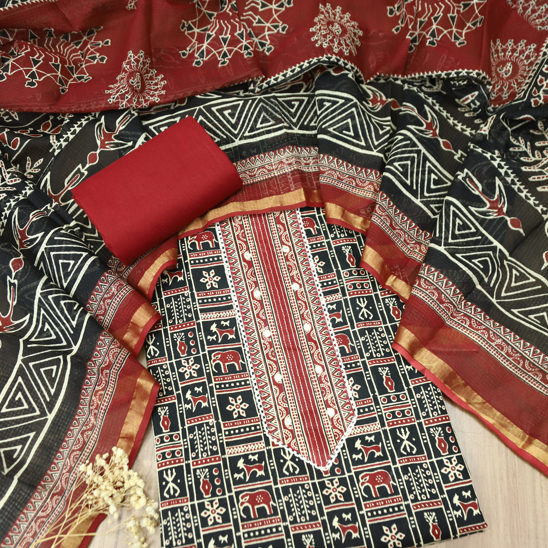 Khairiyat Black Patra Patch In Ajrakh Warli Print Cotton Suit Set D1