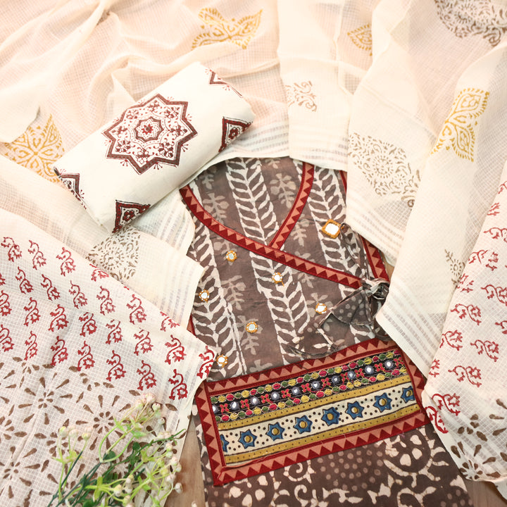 Galliyaan Latte Beige Angrkha Neck with Mirror in Dabu Printed Cotton Suit Set