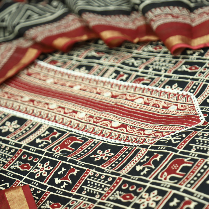 Khairiyat Black Patra Patch In Ajrakh Warli Print Cotton Suit Set D1