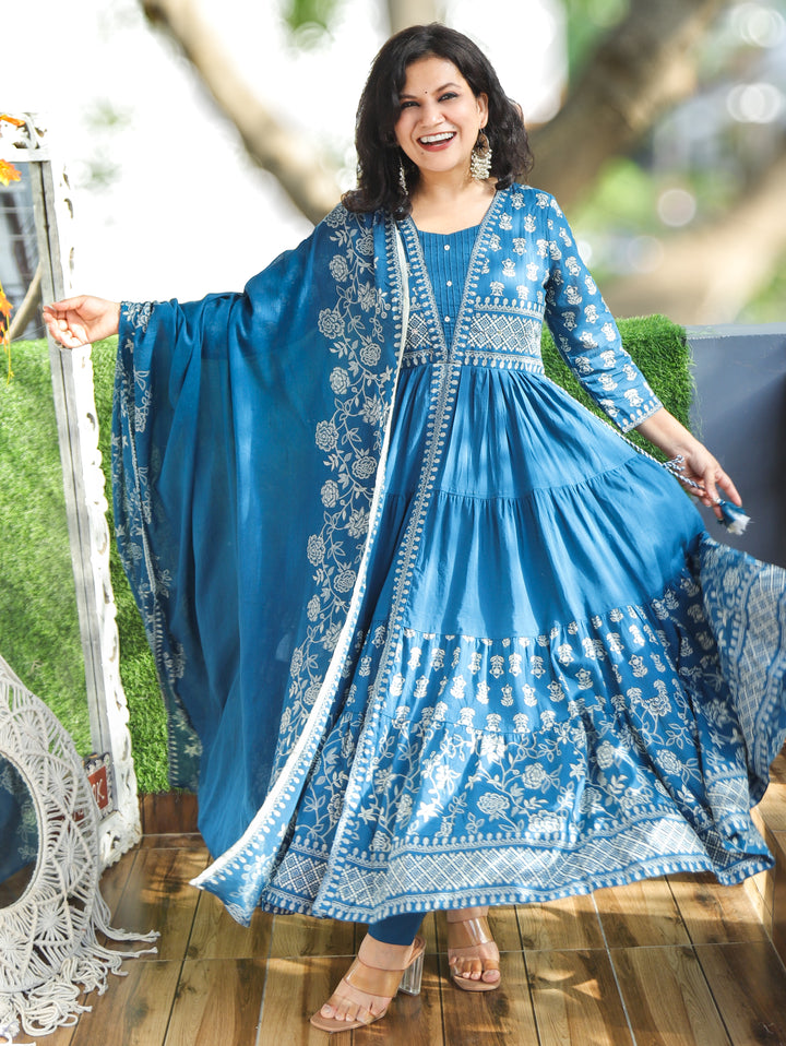 Trinidhi Cerulean Blue Flaired Cotton 3 Piece Set