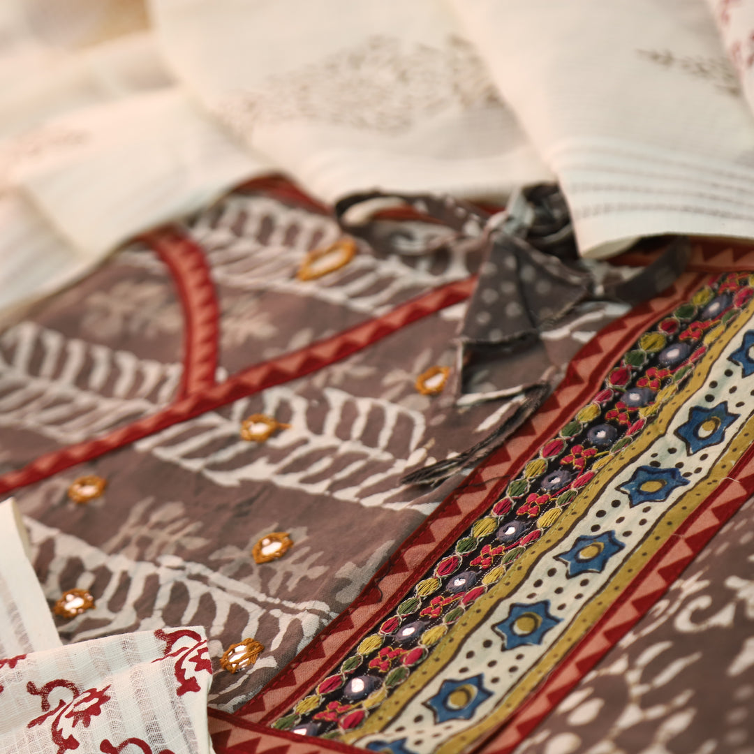 Galliyaan Latte Beige Angrkha Neck with Mirror in Dabu Printed Cotton Suit Set