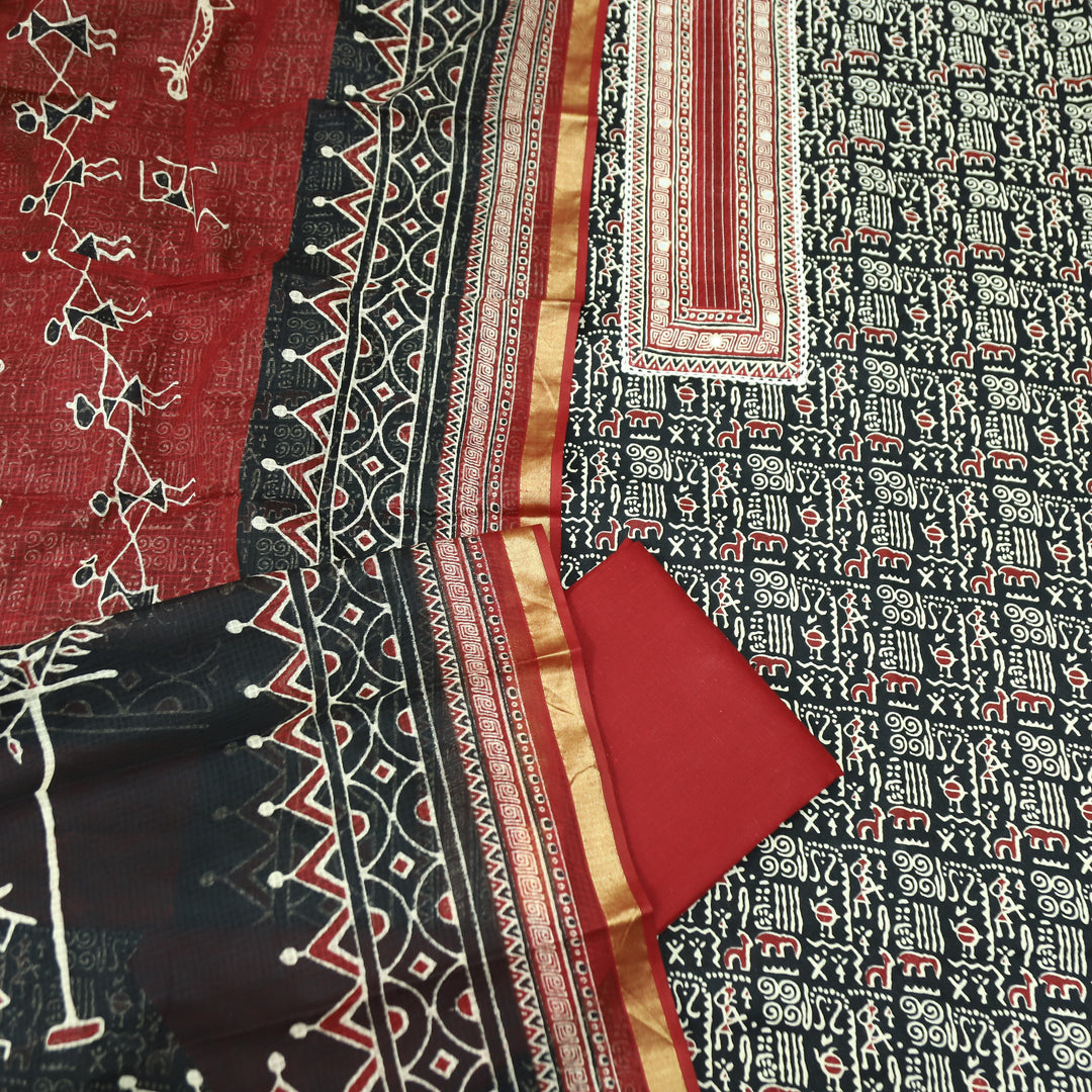 Khairiyat Black Patra Patch In Ajrakh Warli Print Cotton Suit Set D2