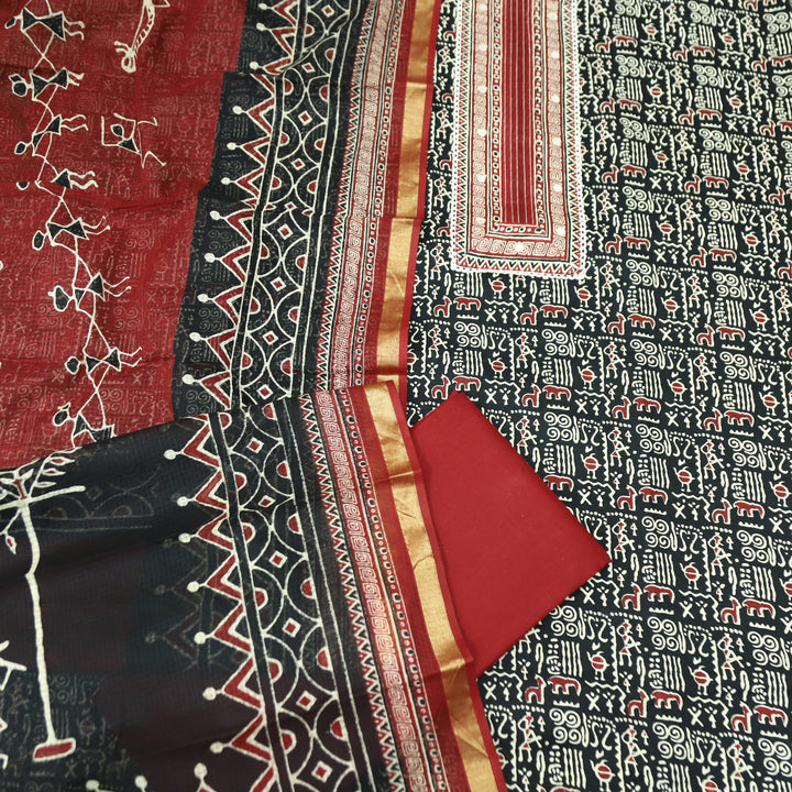 Khairiyat Black Patra Patch In Ajrakh Warli Print Cotton Suit Set D2