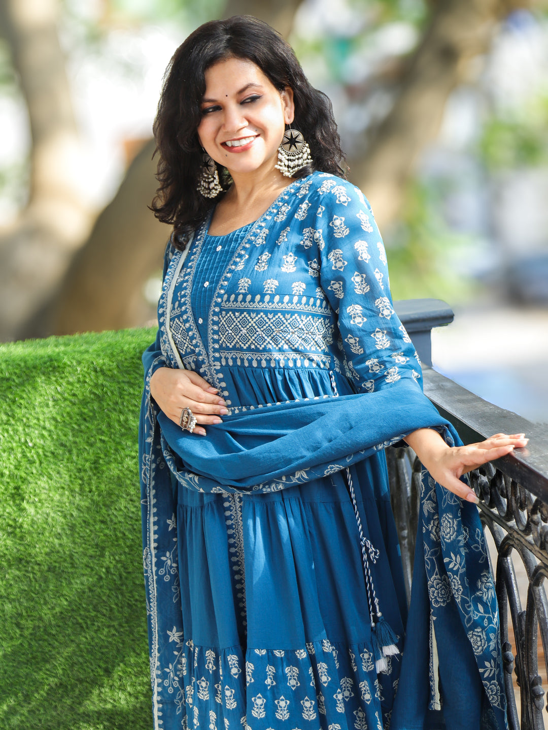 Trinidhi Cerulean Blue Flaired Cotton 3 Piece Set