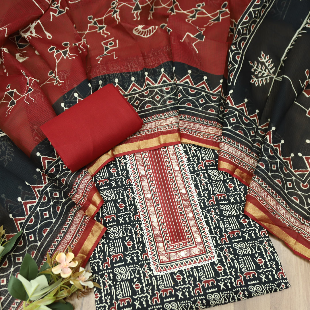 Khairiyat Black Patra Patch In Ajrakh Warli Print Cotton Suit Set D2