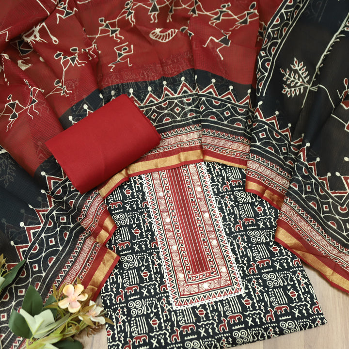 Khairiyat Black Patra Patch In Ajrakh Warli Print Cotton Suit Set D2