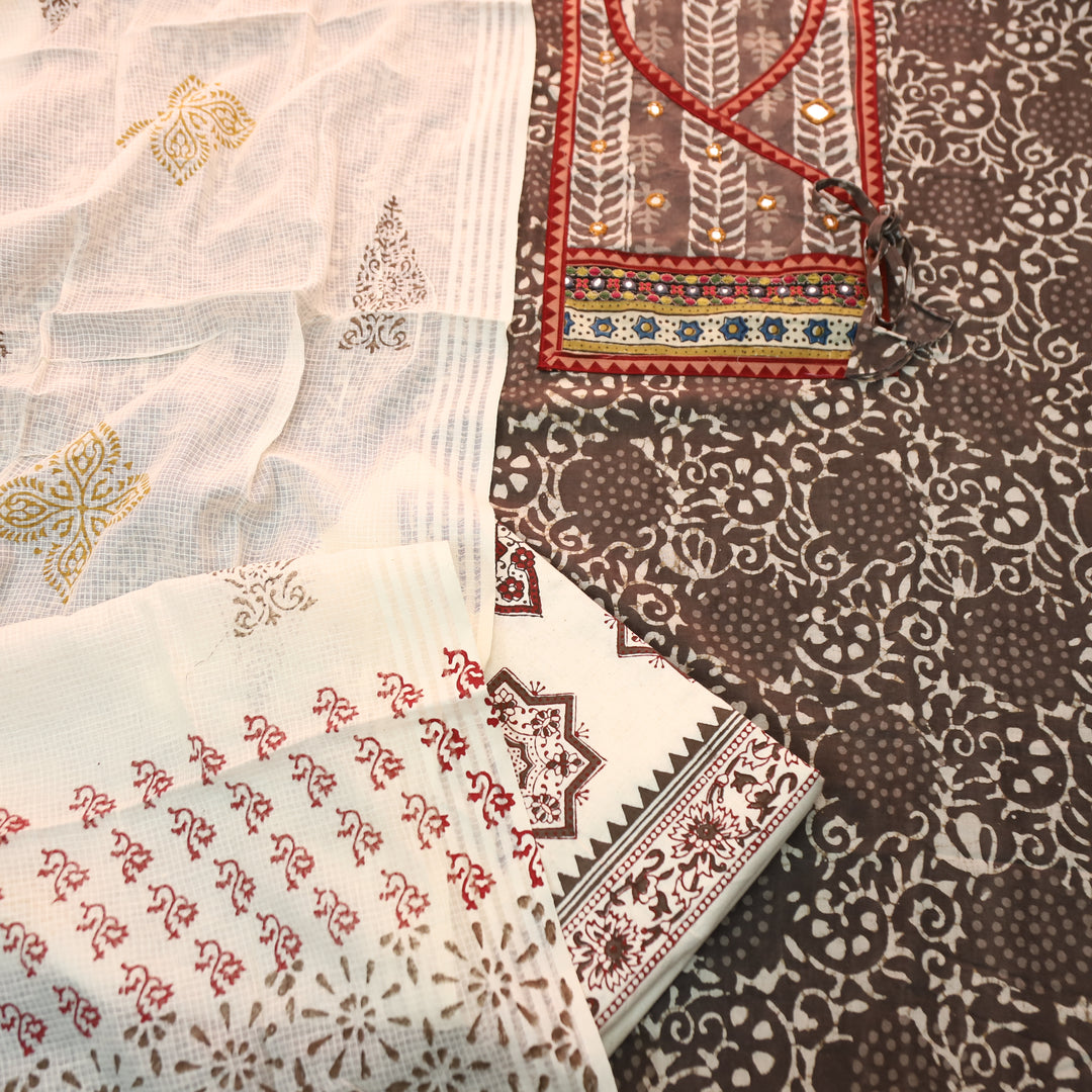 Galliyaan Latte Beige Angrkha Neck with Mirror in Dabu Printed Cotton Suit Set