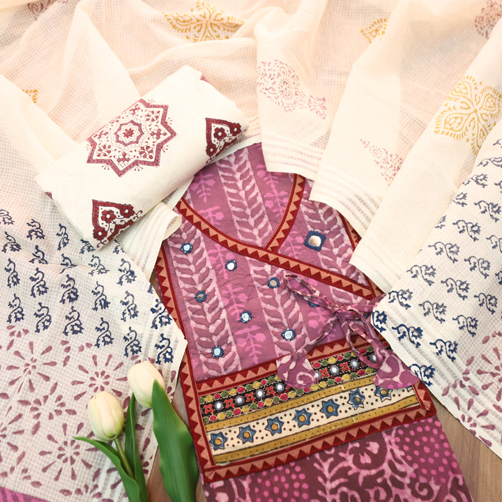 Galliyaan Onion Purple Angrkha Neck with Mirror in Dabu Printed Cotton Suit Set
